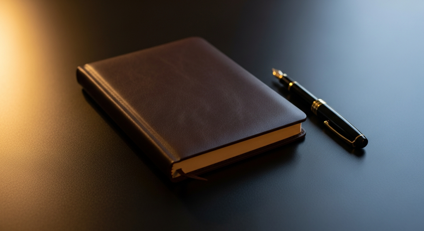 Premium leather notebook and pen on dark desk surface with warm amber light