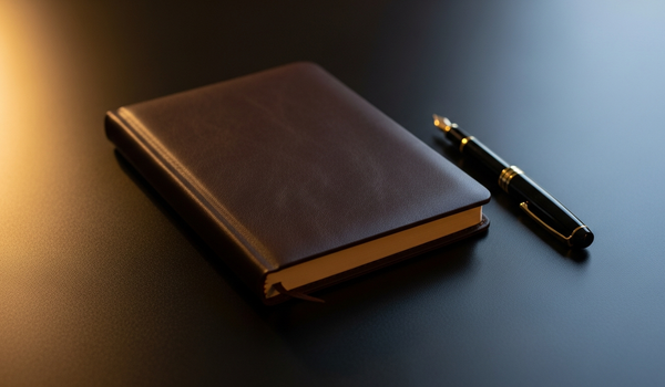 Premium leather notebook and pen on dark desk surface with warm amber light