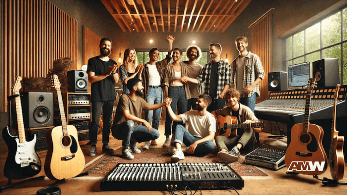 Group of musicians in recording studio with equipment.