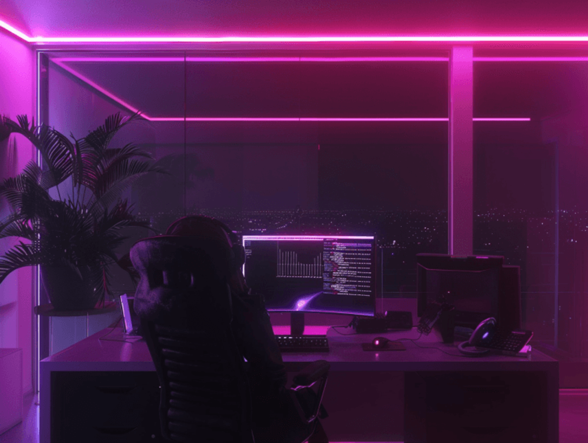 Person coding in modern neon-lit office at night.