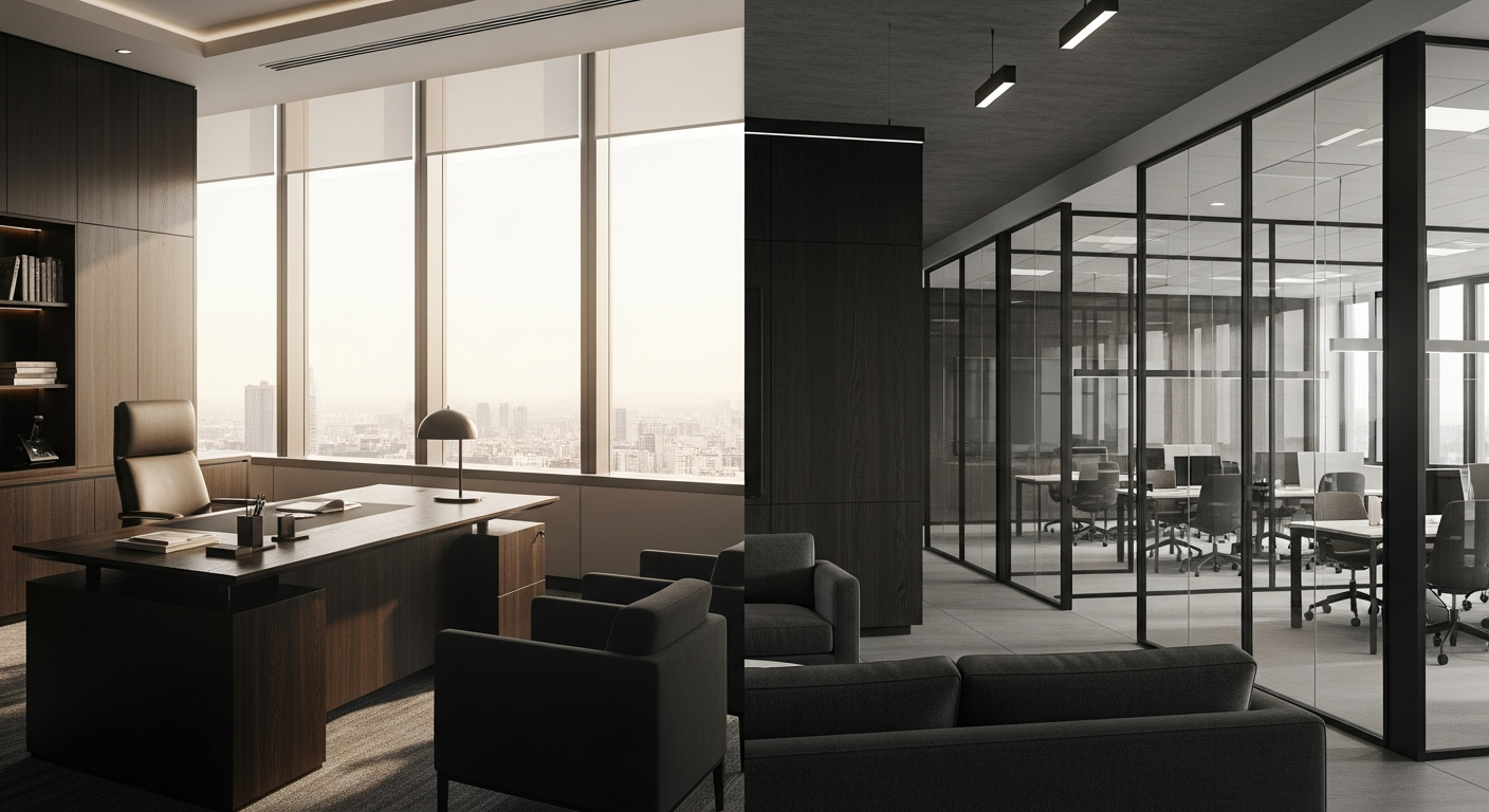Split view of corporate executive office and modern agency workspace