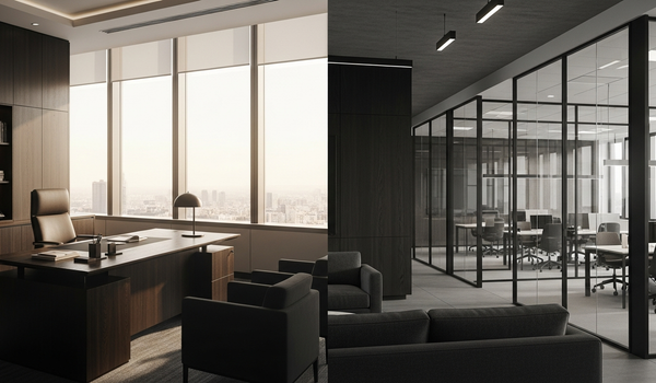 Split view of corporate executive office and modern agency workspace