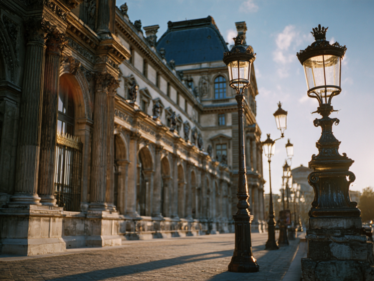 Historic building and street lamps at sunset