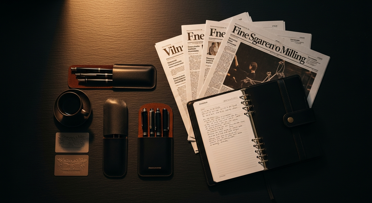 PR planning materials arranged on dark slate surface with leather planner and press clippings