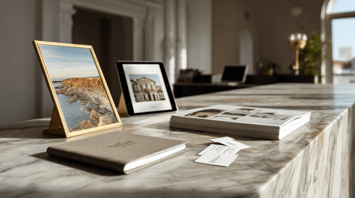 Hotel reception desk with brochures and photos.