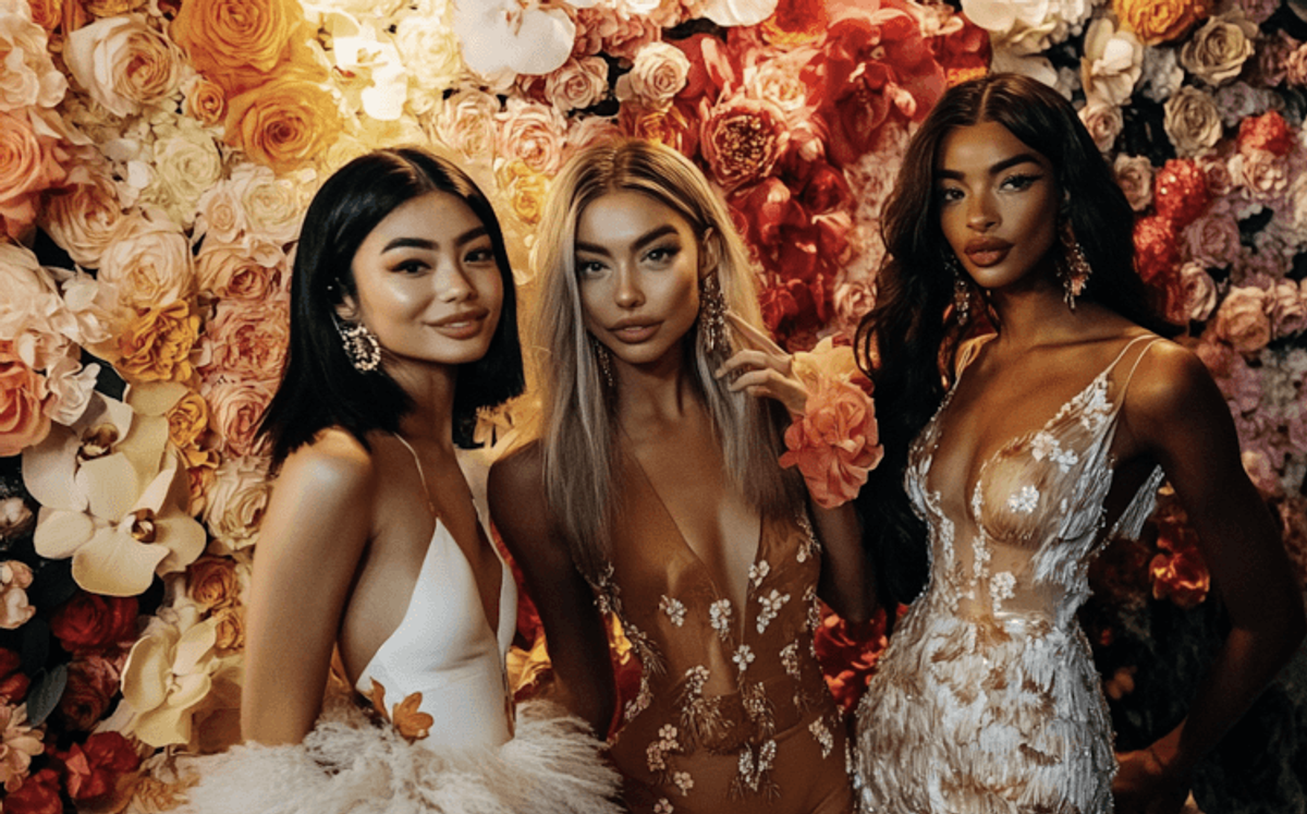 Three models in floral dresses posing at event