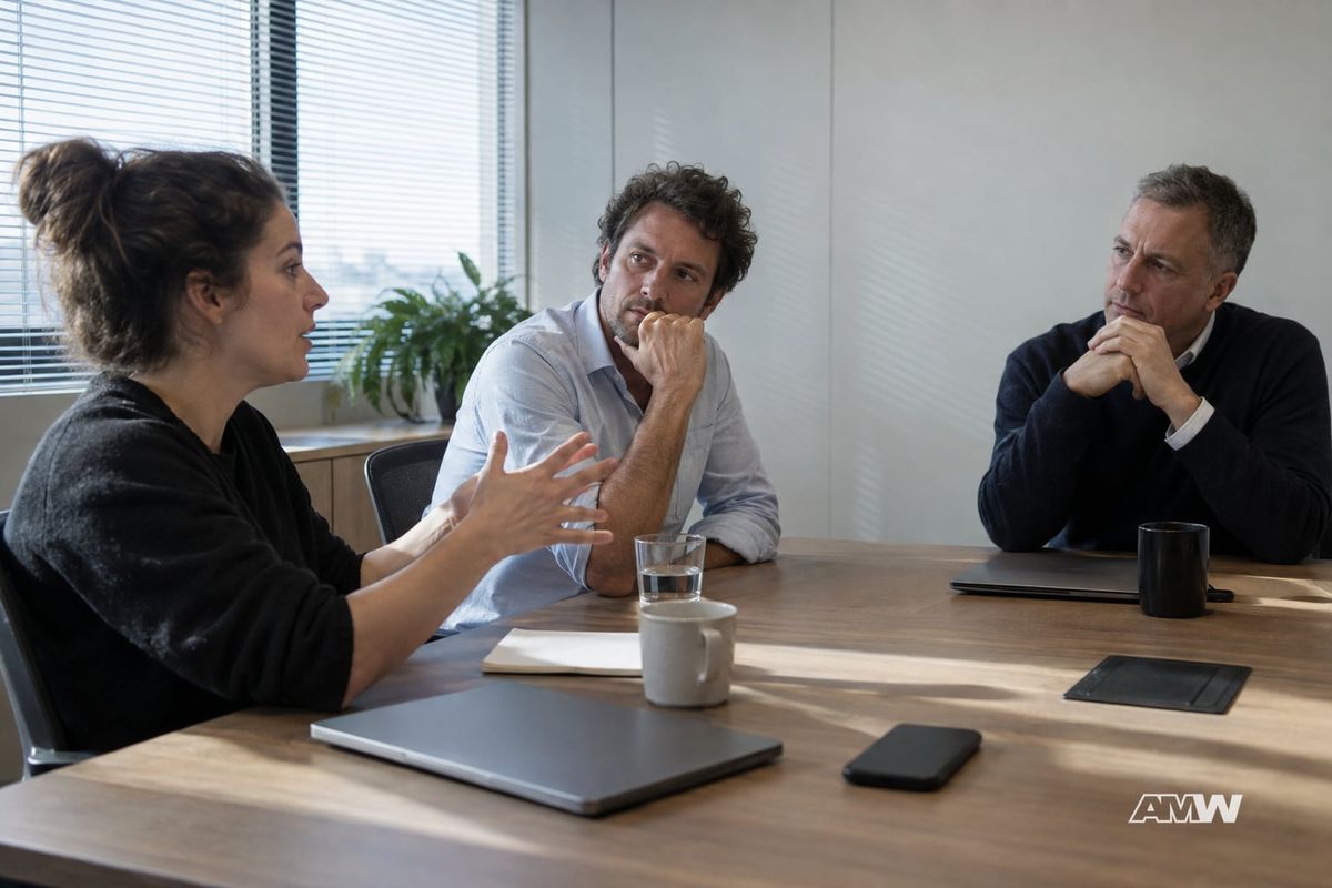 Three professionals having a discussion at a meeting table with closed laptops under morning window light.