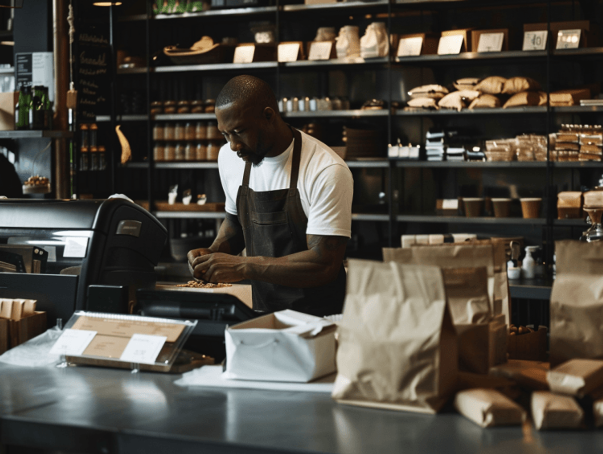 Man preparing food in a café kitchen.