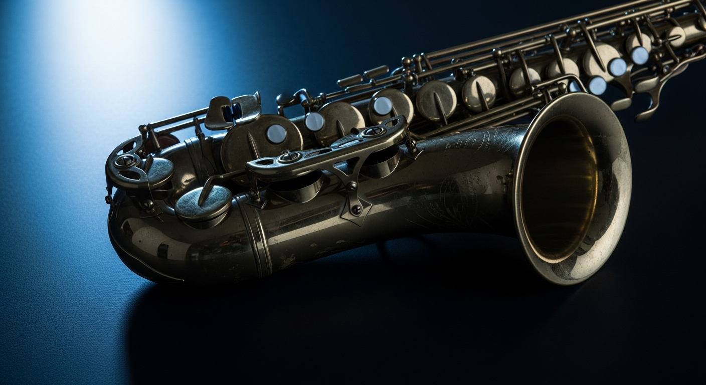 Close-up of a brass saxophone on a dark surface under cool blue light
