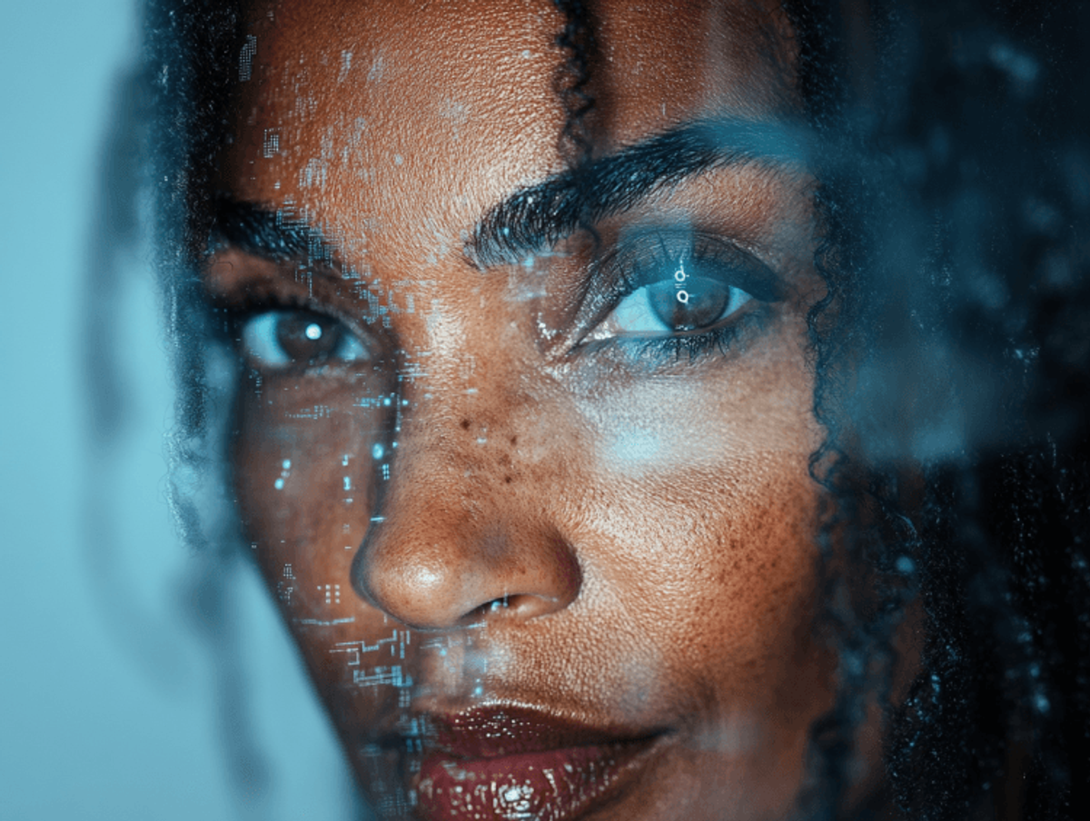 Woman's face with digital overlay effect.