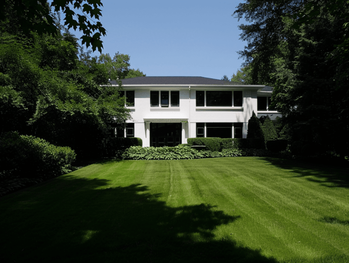Modern white house with large front lawn