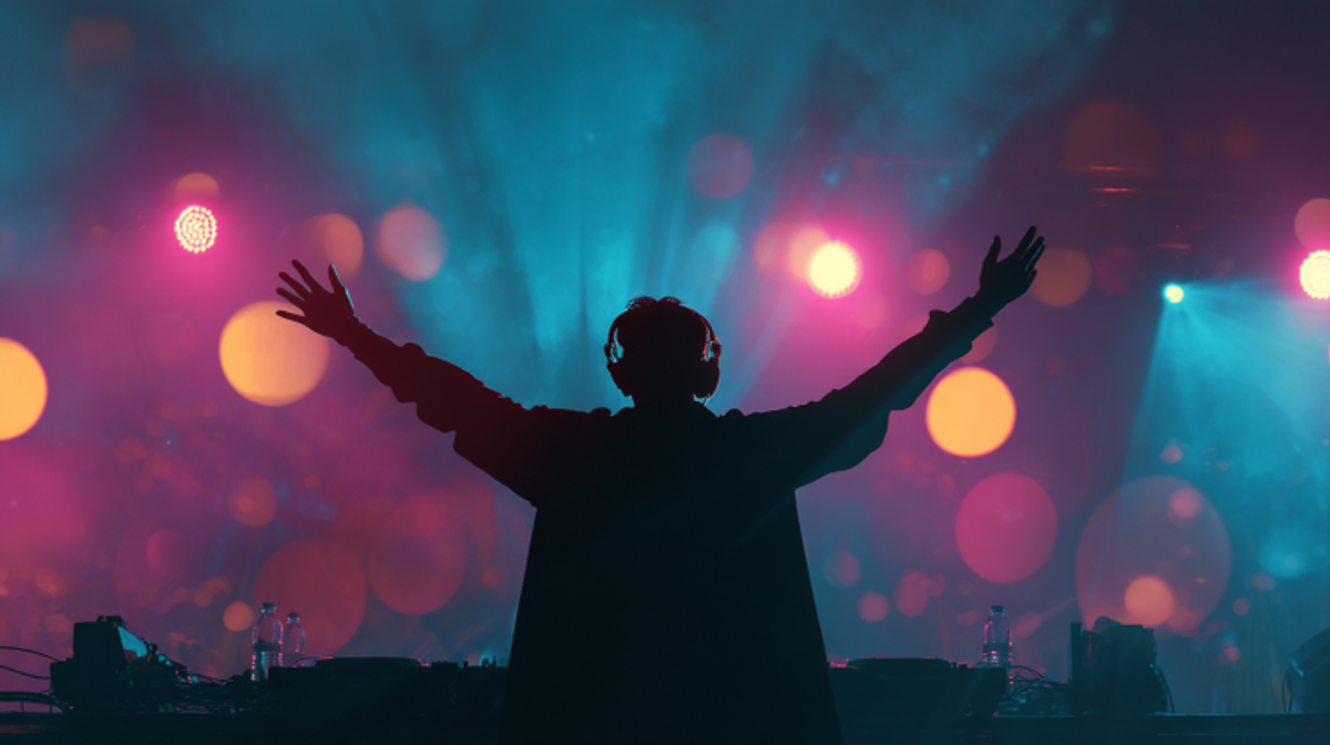 DJ performing with colorful lights and audience