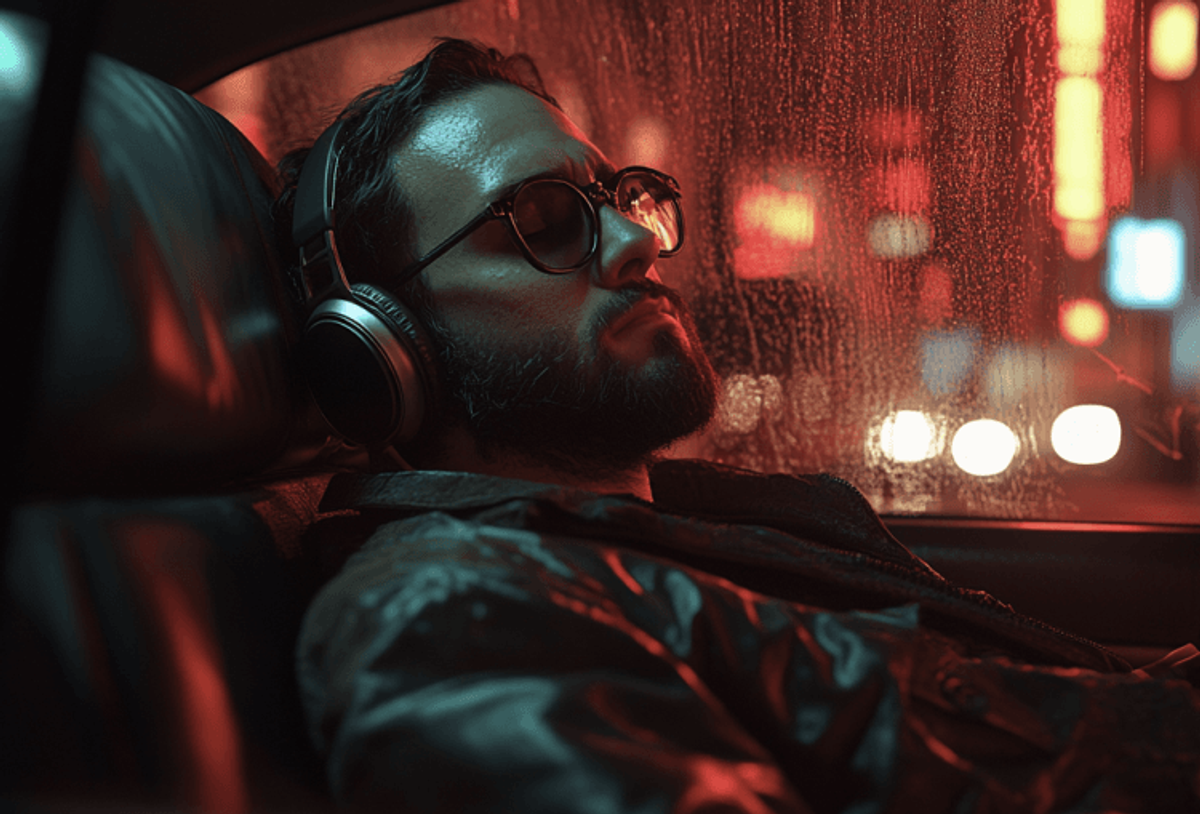 Man with headphones in neon-lit car
