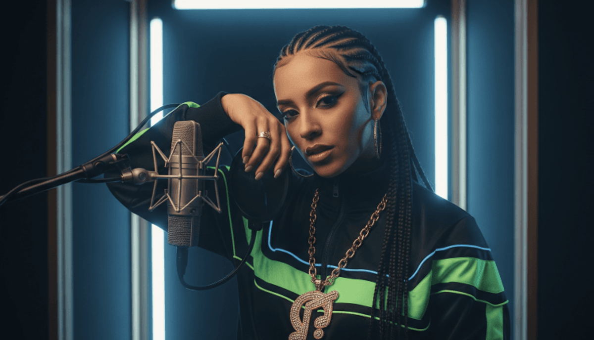 Woman recording music in stylish studio setting.