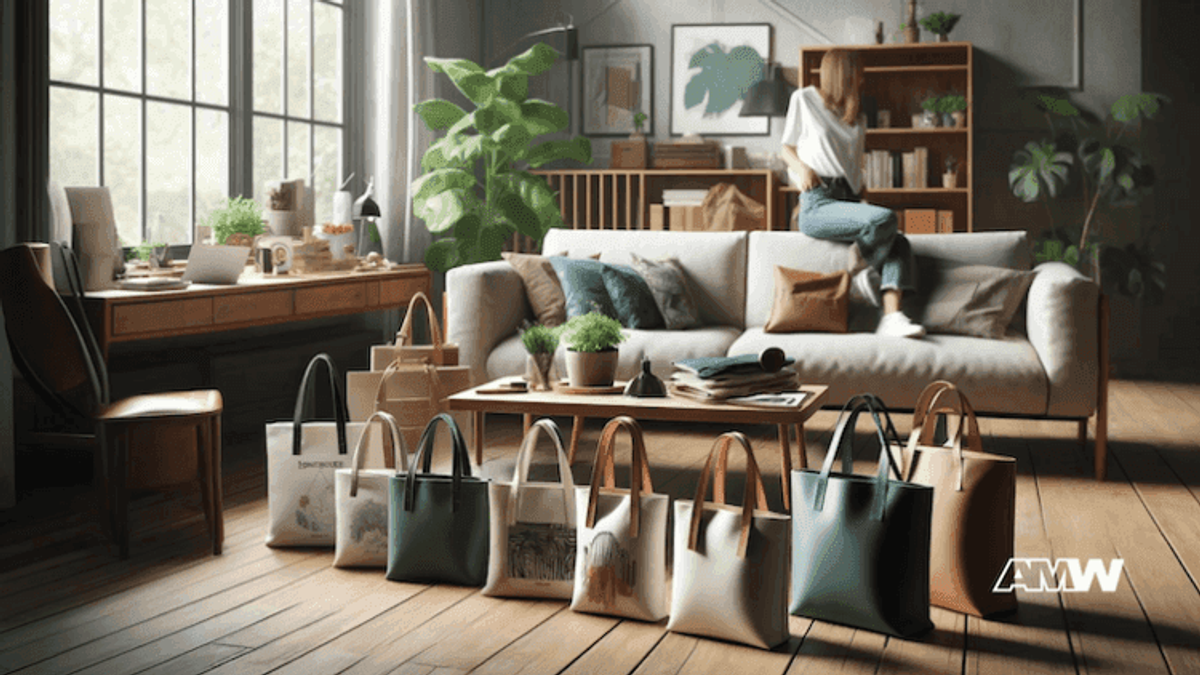 Stylish living room with handbags on display