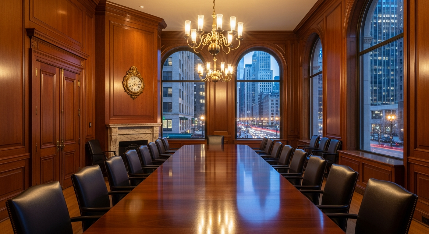 Premium boardroom with Michigan Avenue views for investor presentations