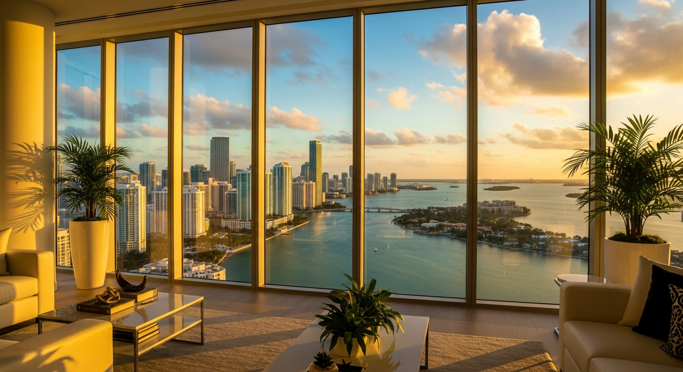 Miami skyline at sunset from luxury Brickell penthouse office with Biscayne Bay view