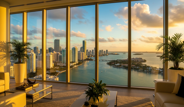 Miami skyline at sunset from luxury Brickell penthouse office with Biscayne Bay view