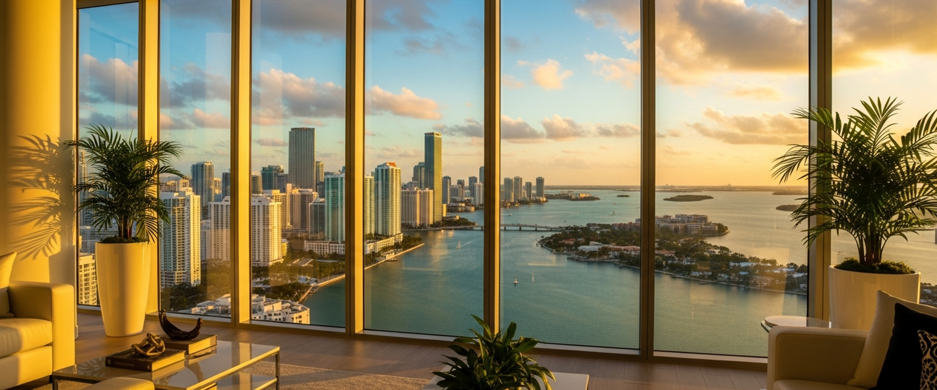 Miami skyline at sunset from luxury Brickell penthouse office with Biscayne Bay view