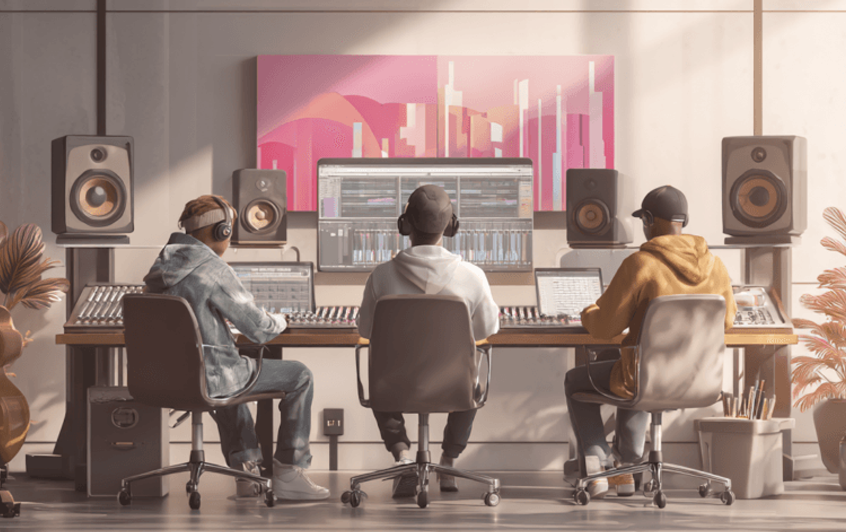 Three producers collaborating in a music studio.