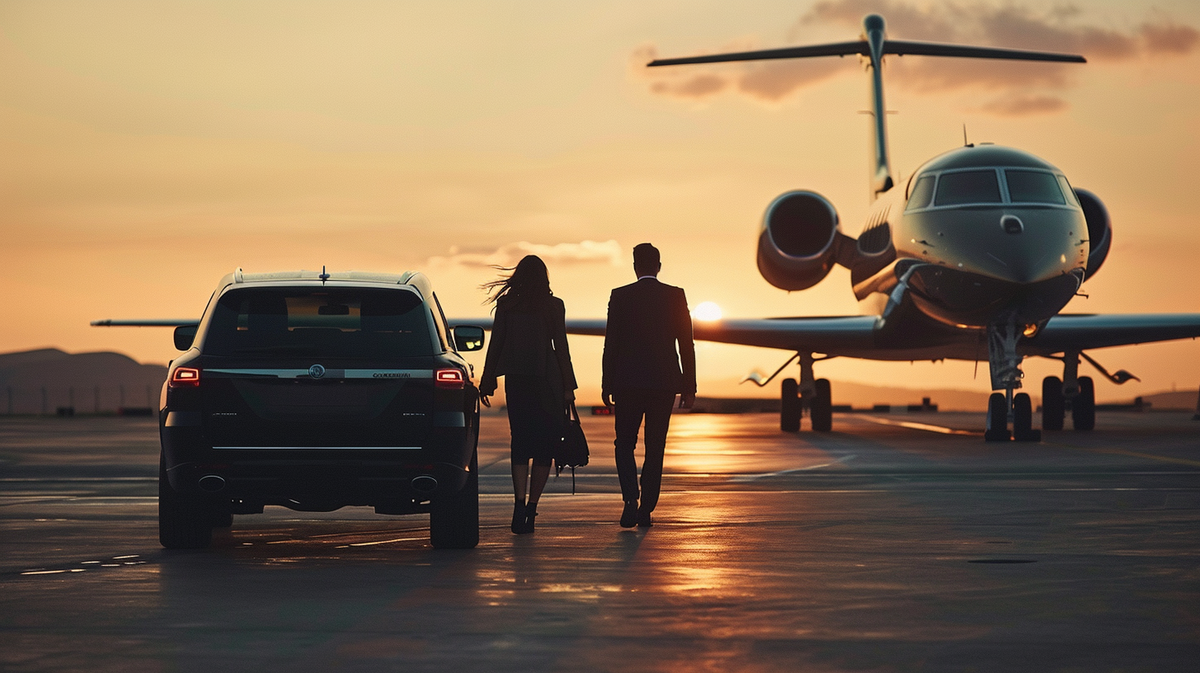 Couple walking towards private jet at sunset.