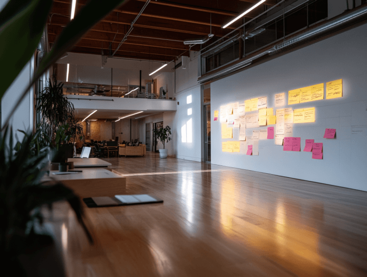 Open office with brainstorming note wall and plants.
