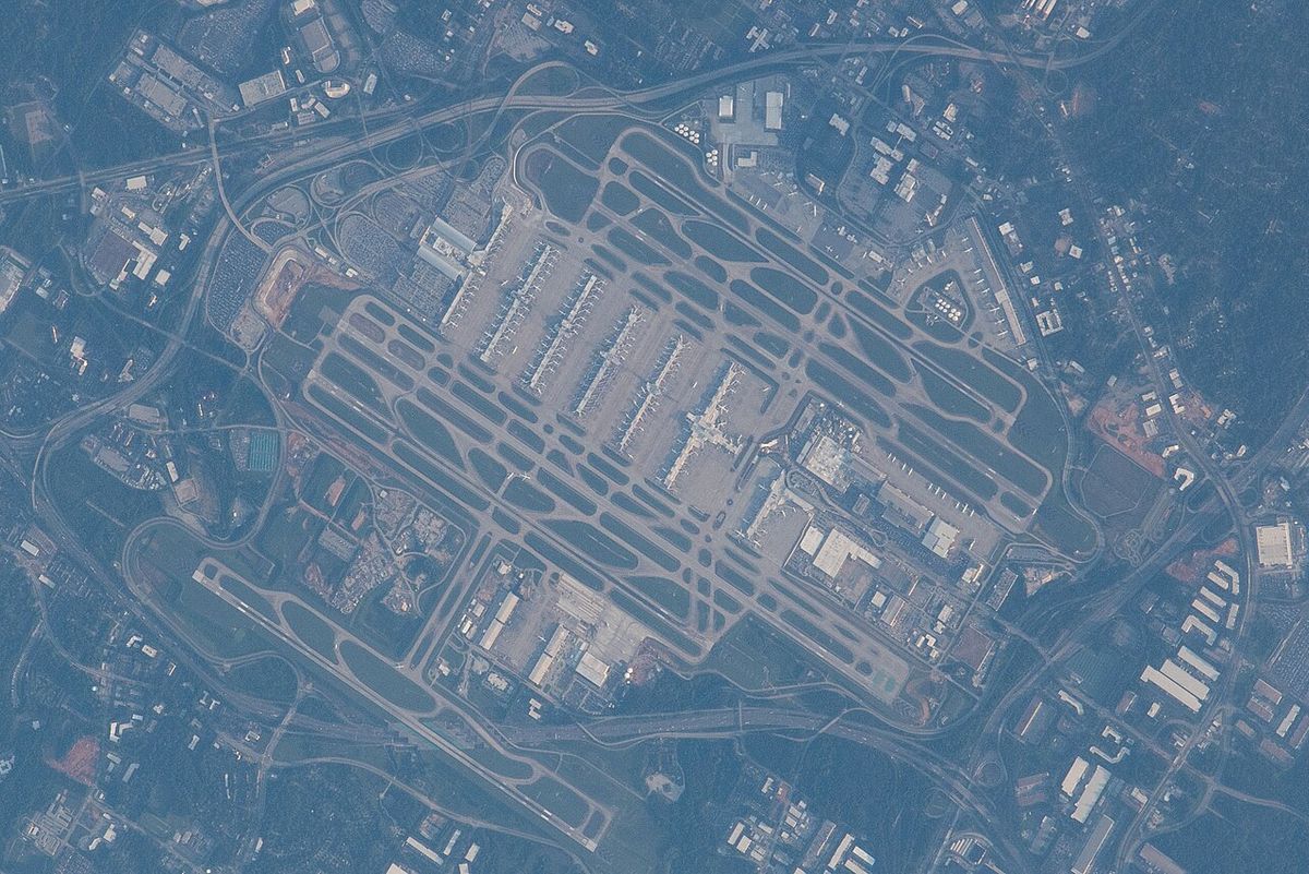 Satellite view from the International Space Station of Hartsfield-Jackson Atlanta International Airport, showing parallel concourses and runways