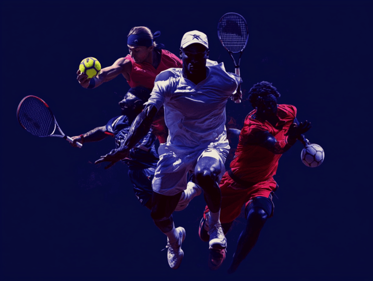 Athletes playing tennis, soccer, and handball dynamically.
