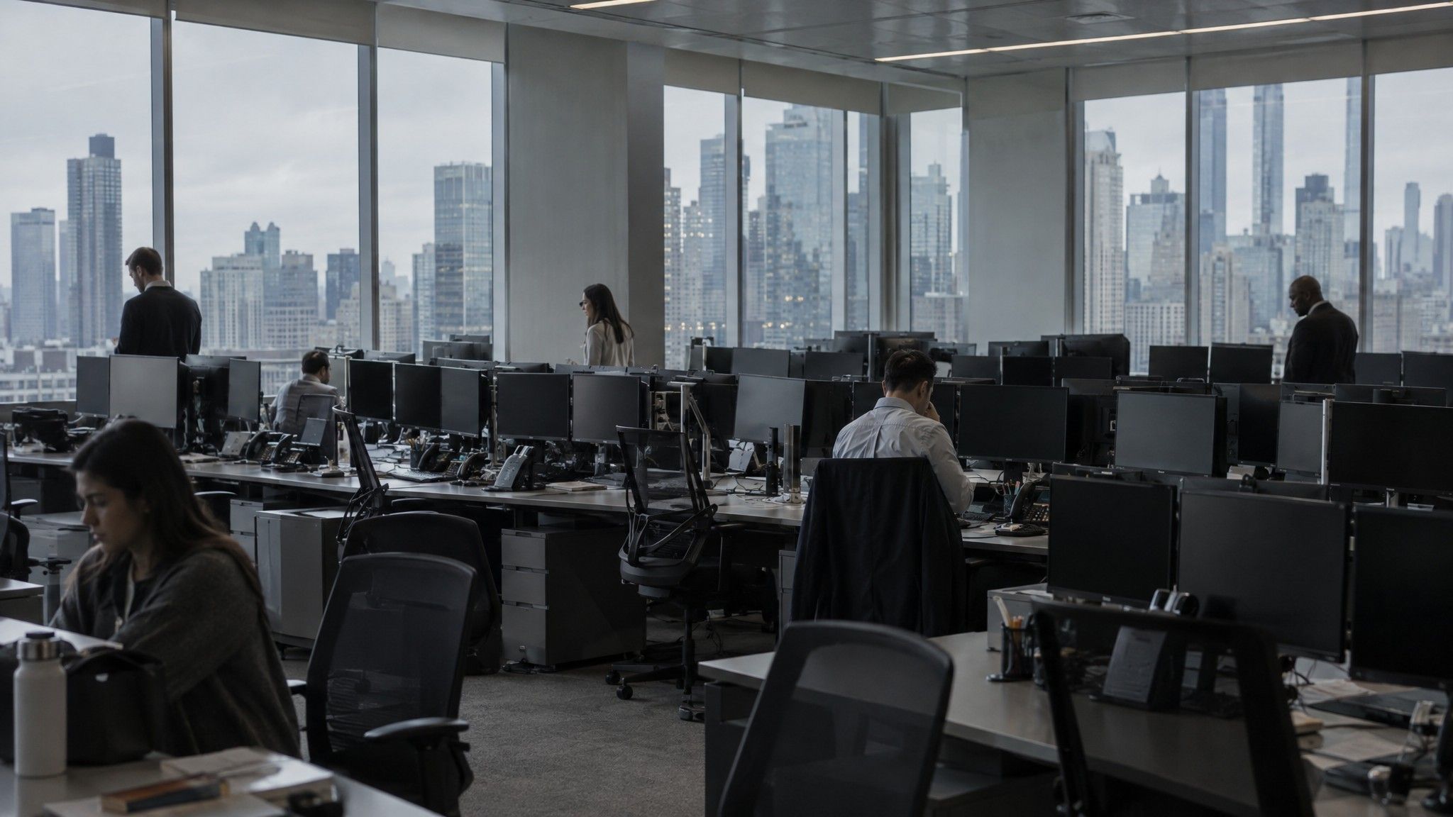 Trading-floor-style office with screens off early in the morning