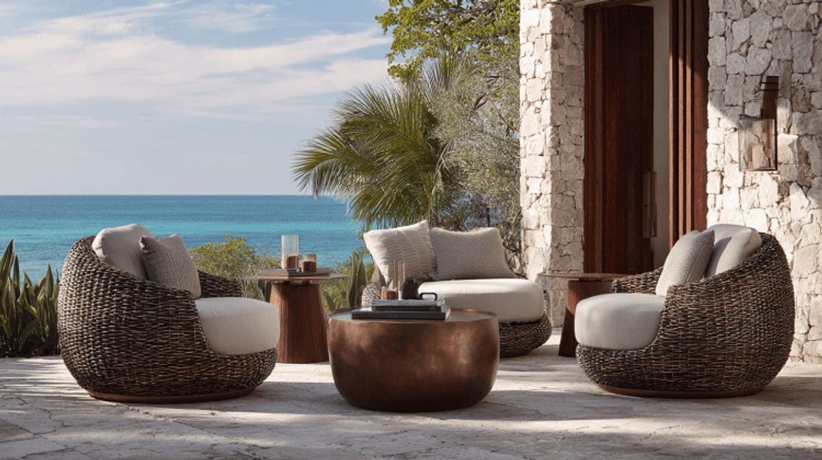 Outdoor seating with wicker chairs by the ocean