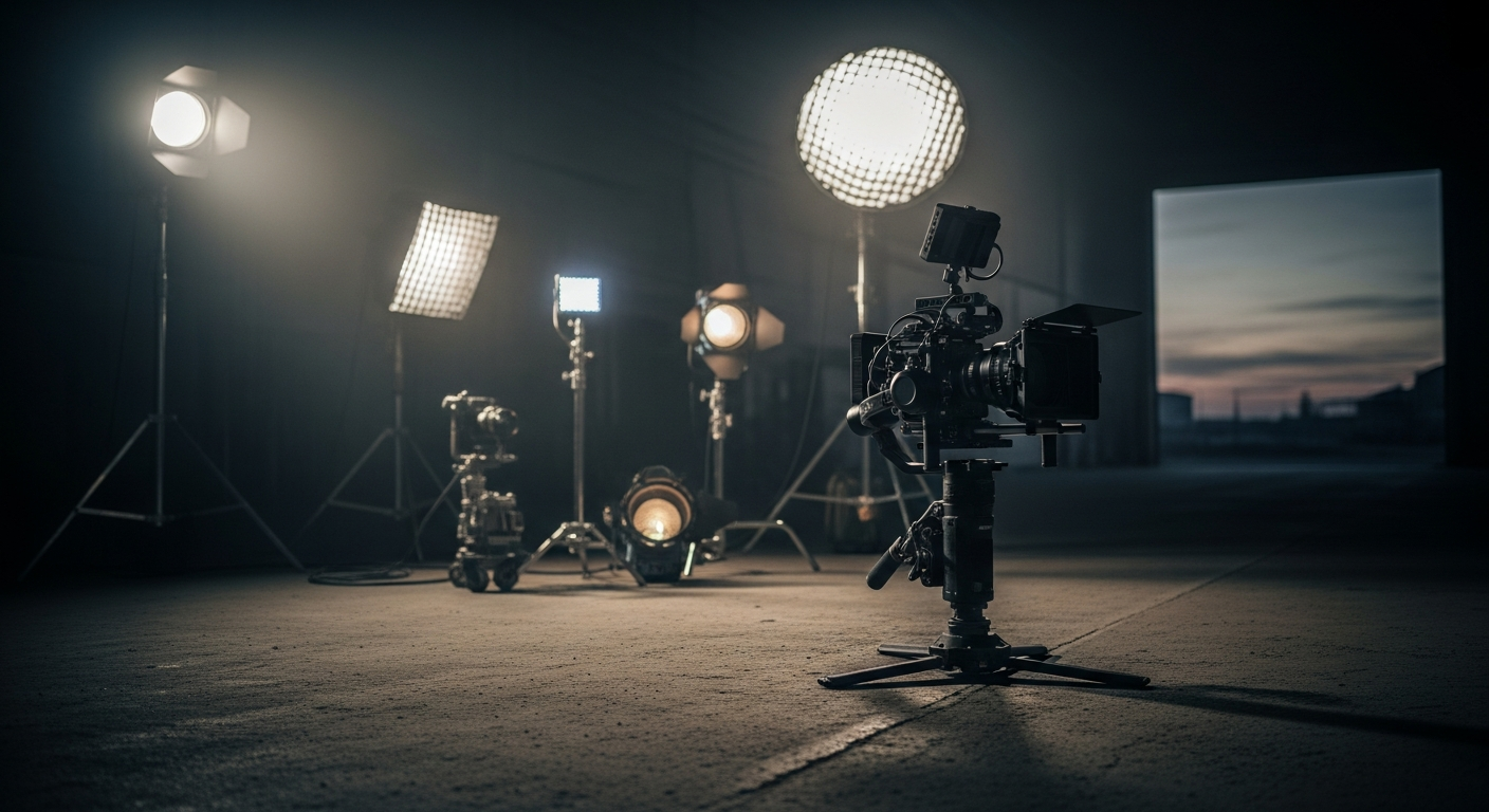 Professional video production equipment with cinema camera and lighting setup
