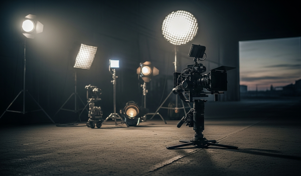 Professional video production equipment with cinema camera and lighting setup