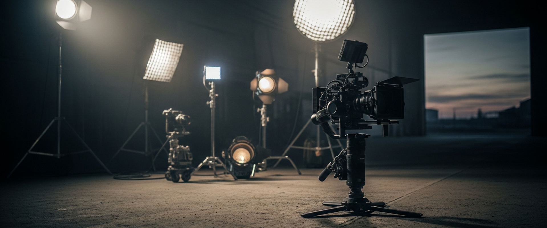 Professional video production equipment with cinema camera and lighting setup