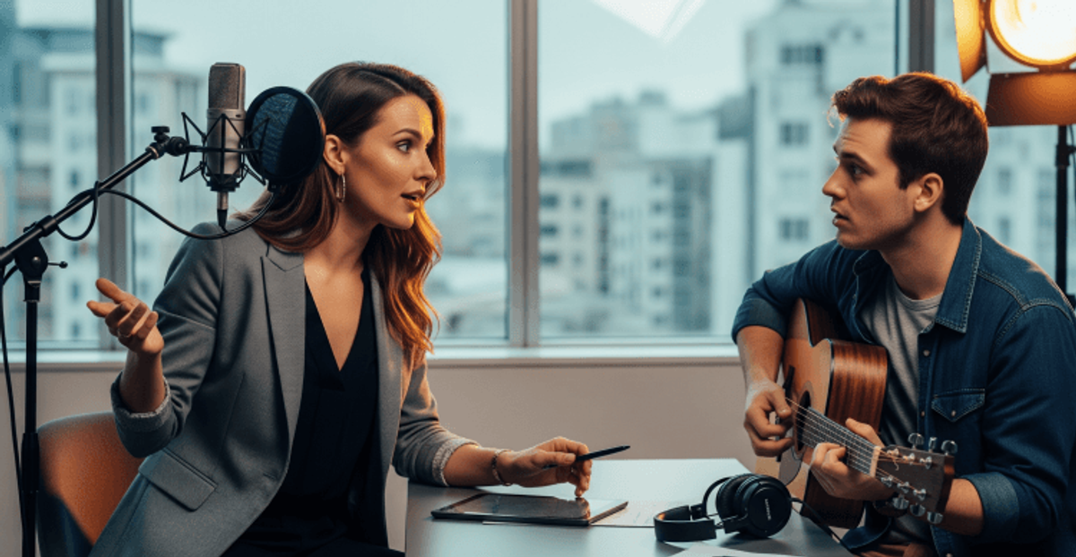 Musician and producer discussing music in studio.