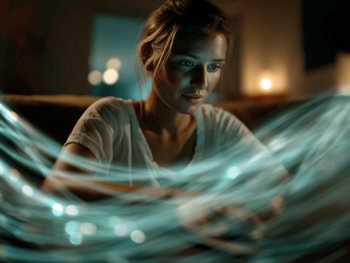 Woman working on glowing technology at night