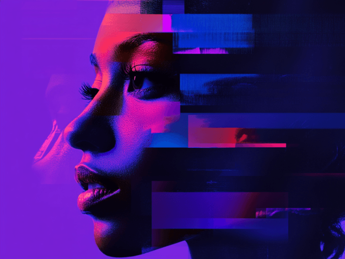 Abstract portrait with digital glitch effects.