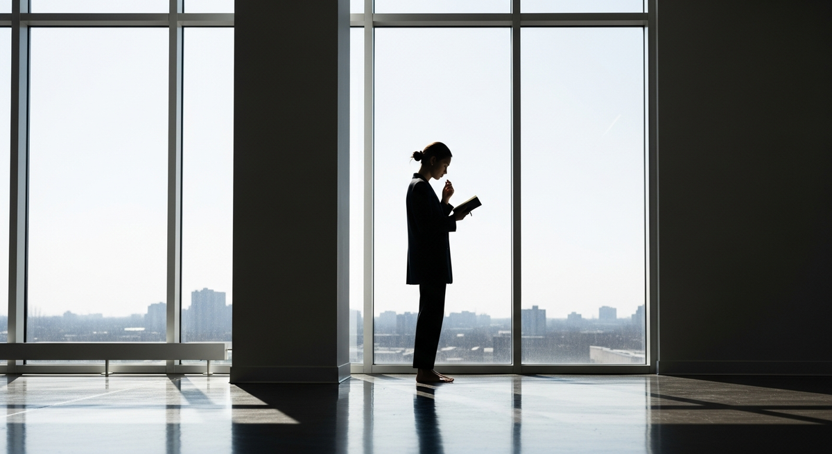 Silhouette of a publicist reviewing notes against bright floor-to-ceiling windows in a modern space