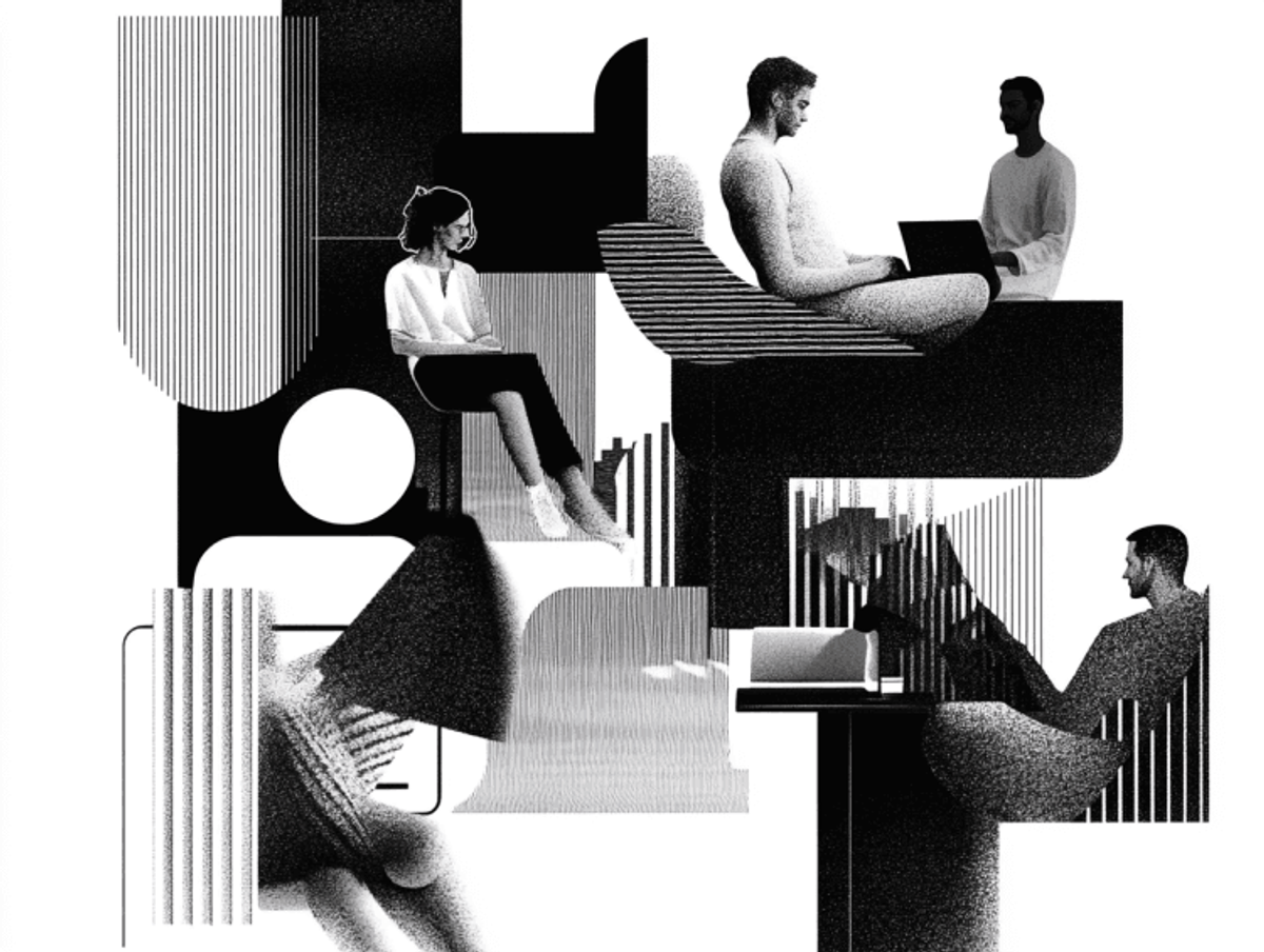 Black-and-white illustration of people using laptops.