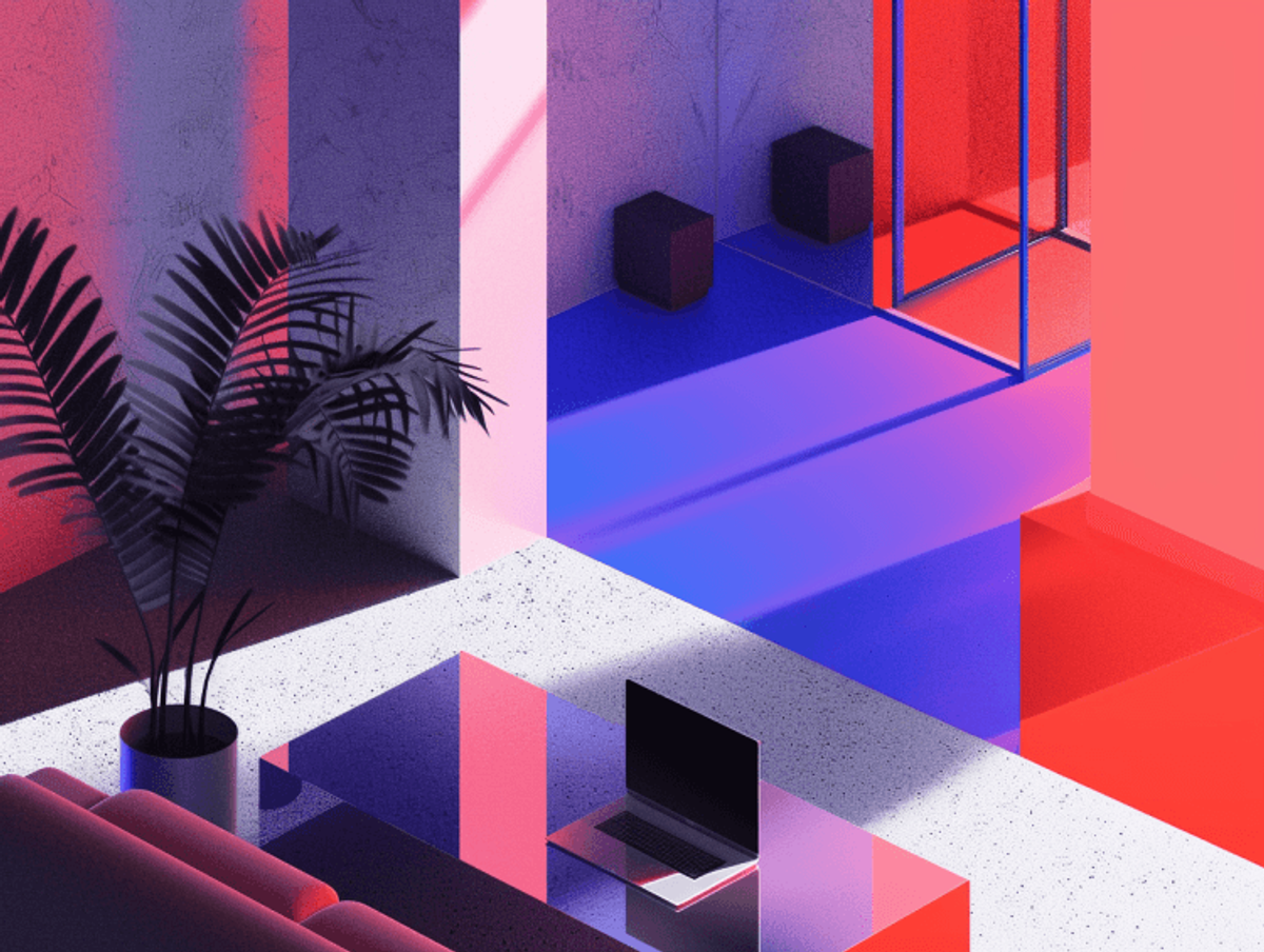 Modern room with laptop and colorful lighting