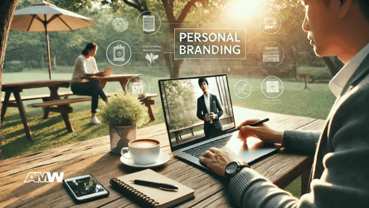 Man working on laptop for personal branding outdoors.