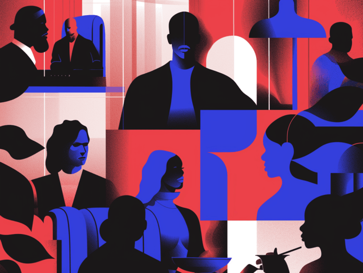 Abstract illustration with silhouettes in red and blue.