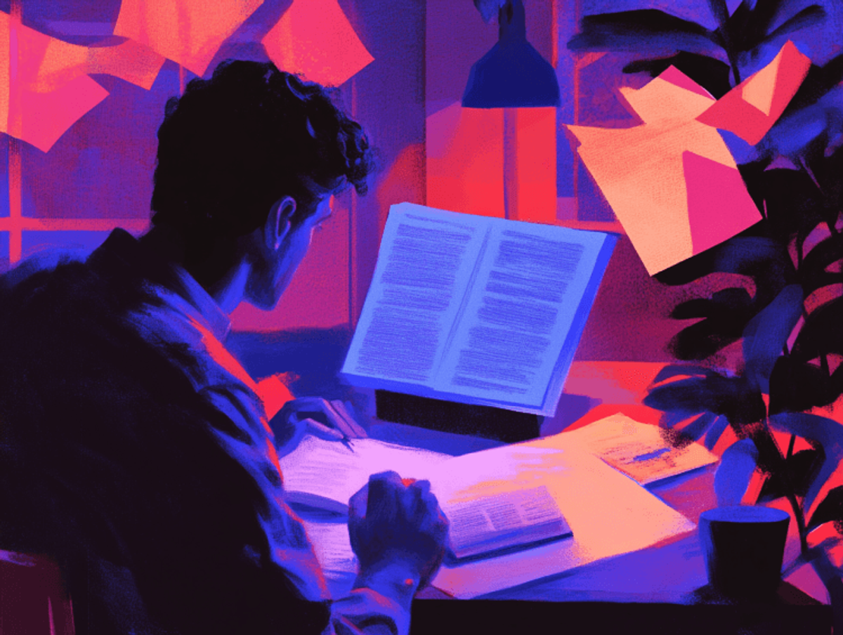 Person reading under vibrant purple and red light