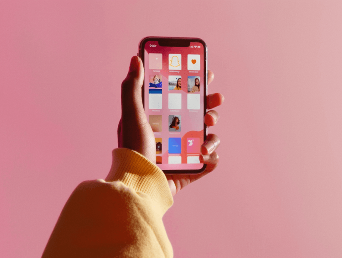 Hand holding smartphone with colorful apps screen