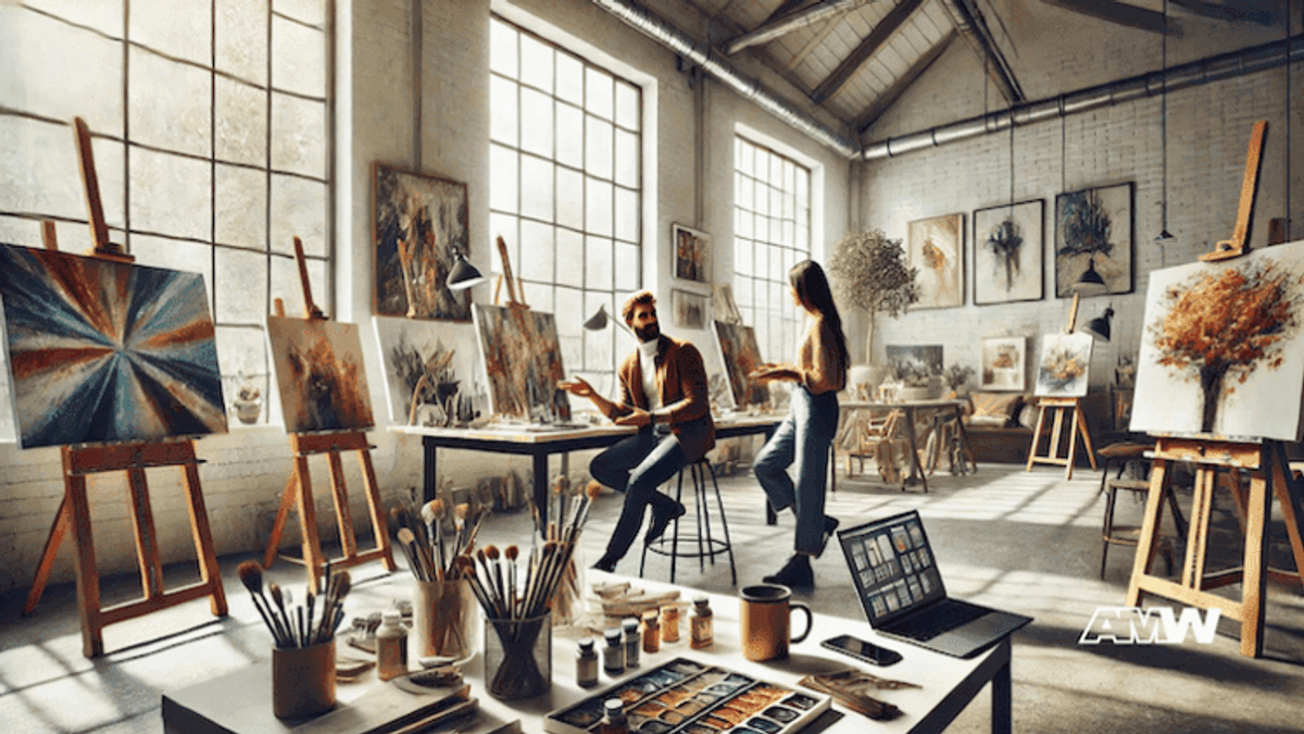 Artists discussing in a bright studio.