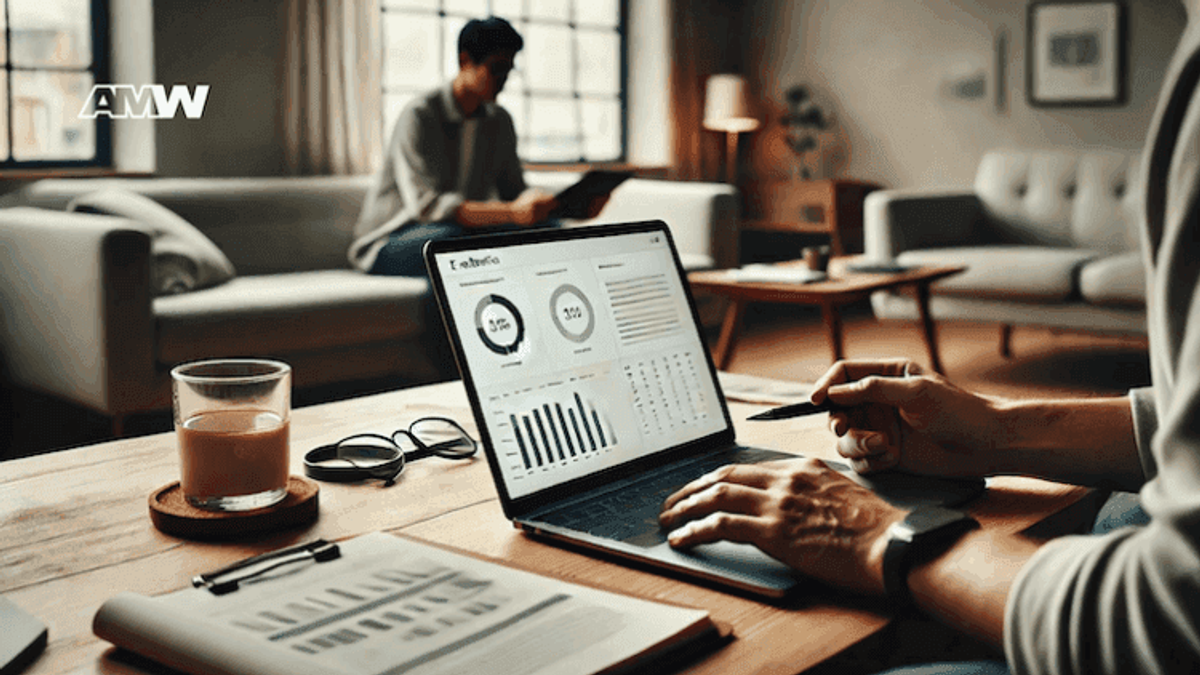 Person analyzing data on laptop in modern office