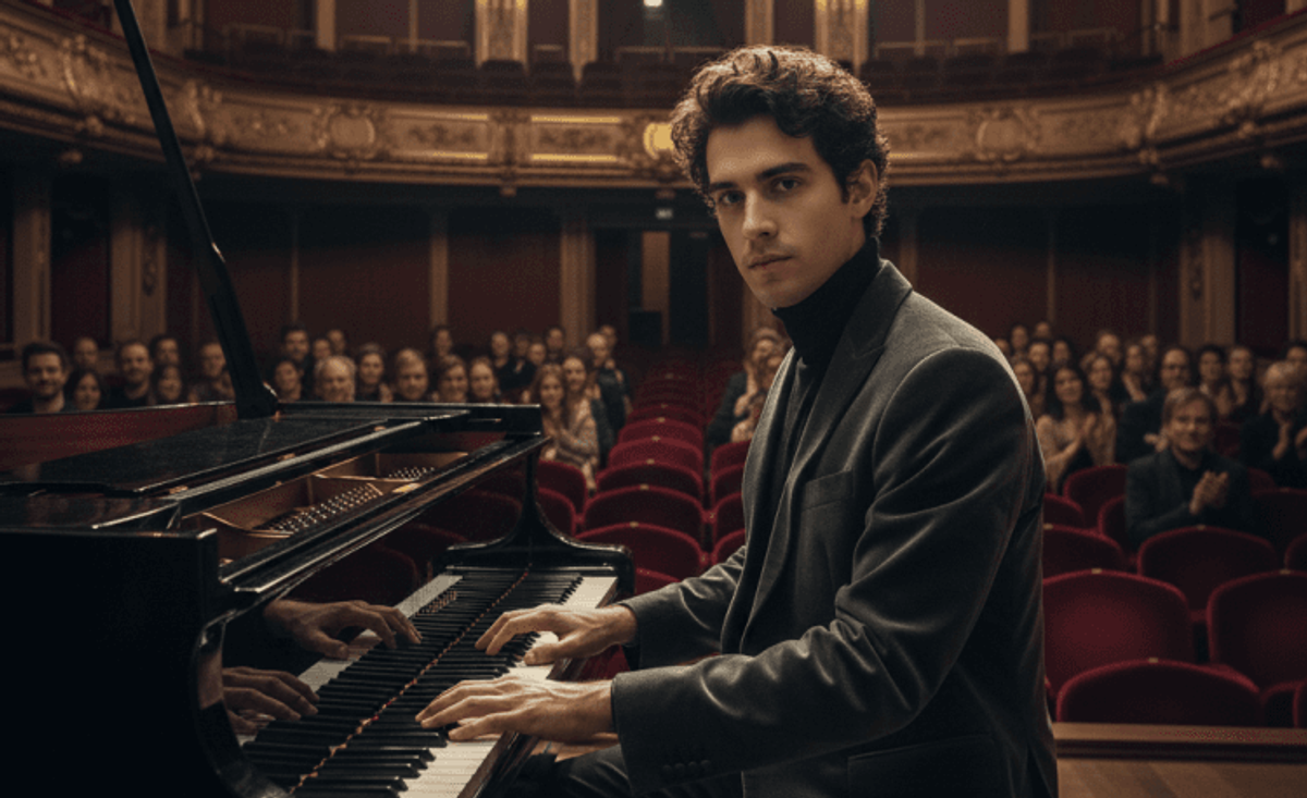 Pianist performing on stage in concert venue.