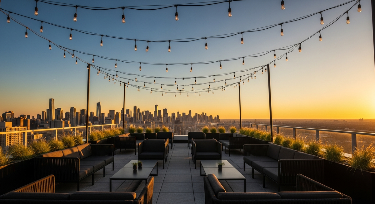 Luxury rooftop event terrace with dark furniture and string lights overlooking city skyline at golden hour
