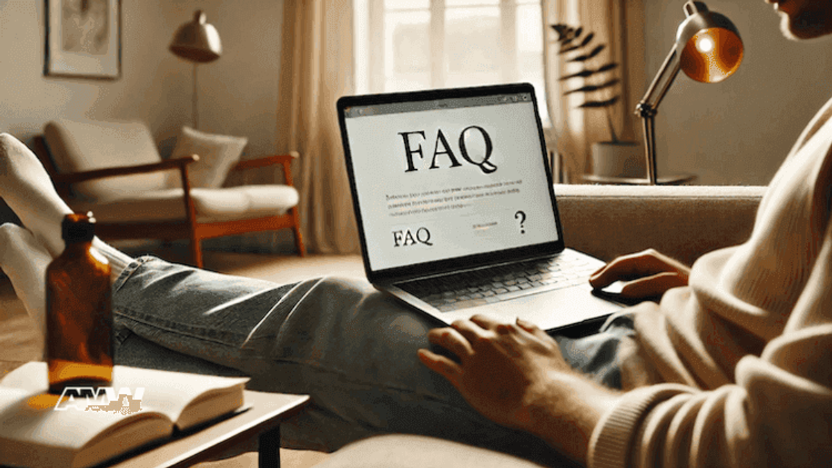 Person reading FAQ on laptop at home.