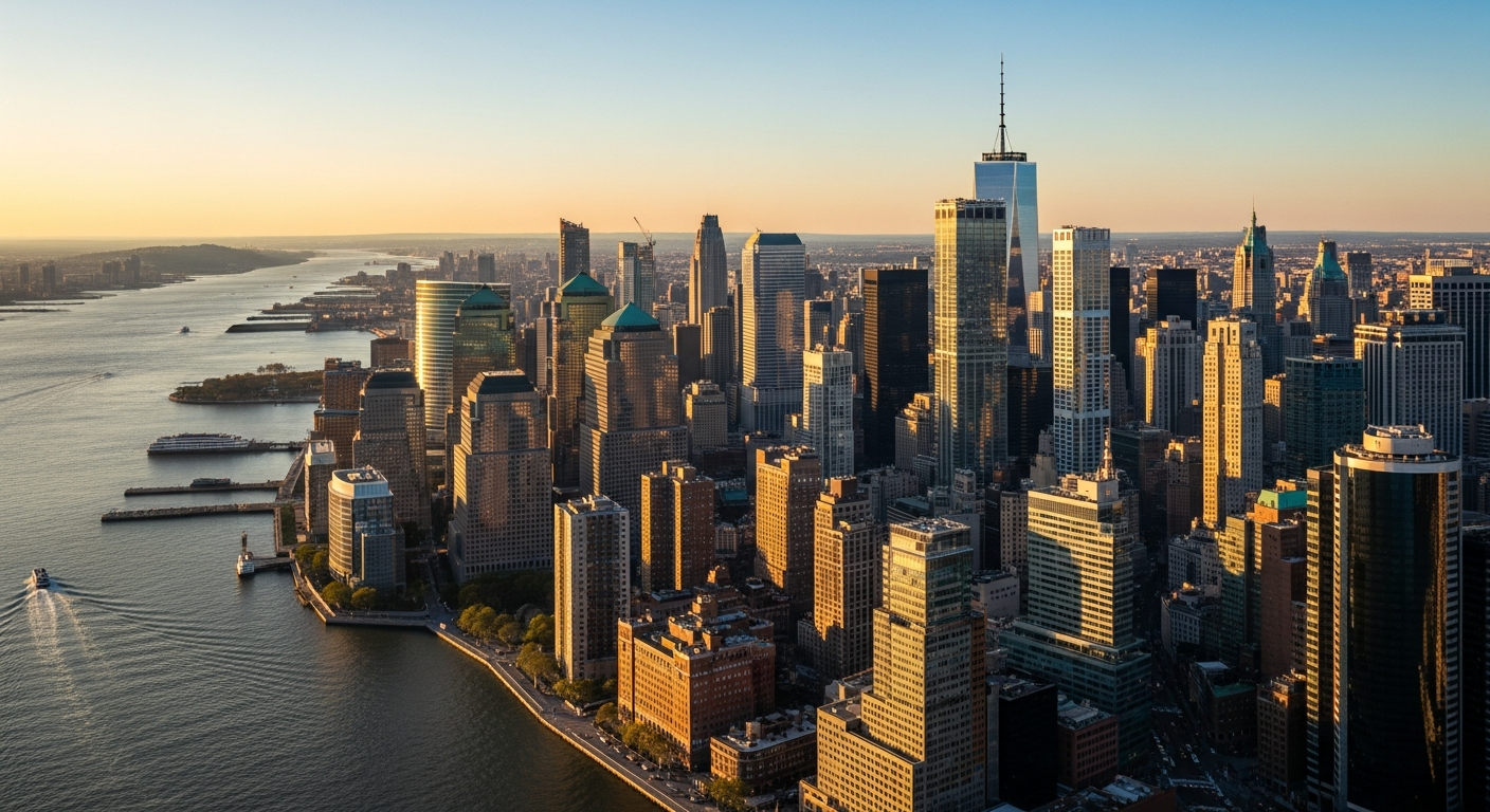 Lower Manhattan financial district skyline at golden hour - Investor Relations in New York City
