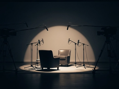 Moody dark media interview setup with dramatic spotlight